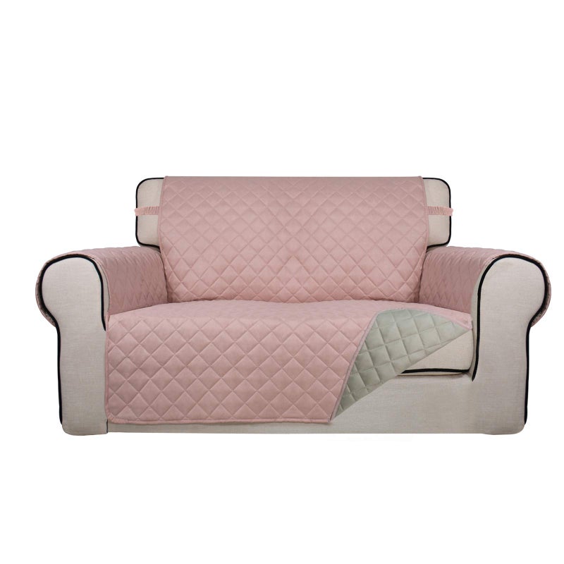 PureFit Reversible Quilted Sofa Cover Water Resistant Slipcover Furniture Protector Washable Couch Cover with Non Slip and Elastic Straps for Kids Dogs Pets Loveseat PinkBeige