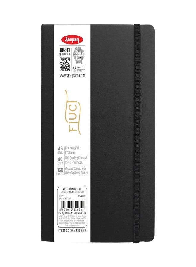 Anupam Fluct A6 Hard Bound Journal | 160 Pages | 80gsm | Matte Finish PVC Cover Aesthetic Diary | pH Neutral & Acid Free Ruled Paper | Matching Elastic Lock | Good For Journaling, Offices (Black) - Image 1