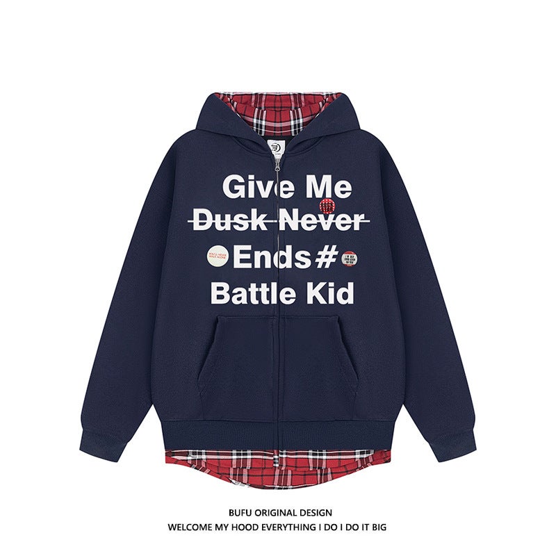 Fake Two-Piece Fashionable Men'S And Women'S Korean Style Plaid Stitching All-Match Couple'S Campus Cardigan Jacket Hooded Sweater Trendy - Image 2