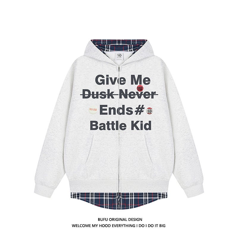 Fake Two-Piece Fashionable Men'S And Women'S Korean Style Plaid Stitching All-Match Couple'S Campus Cardigan Jacket Hooded Sweater Trendy - Image 1