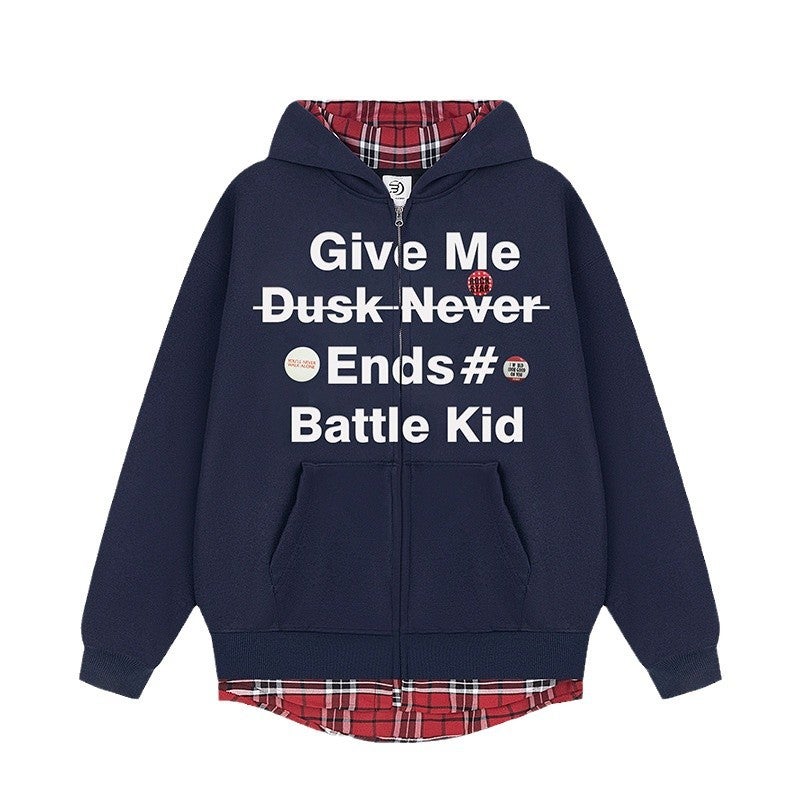 Fake Two-Piece Fashionable Men'S And Women'S Korean Style Plaid Stitching All-Match Couple'S Campus Cardigan Jacket Hooded Sweater Trendy - Image 5