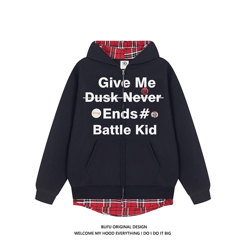Fake Two-Piece Fashionable Men'S And Women'S Korean Style Plaid Stitching All-Match Couple'S Campus Cardigan Jacket Hooded Sweater Trendy - Image 3