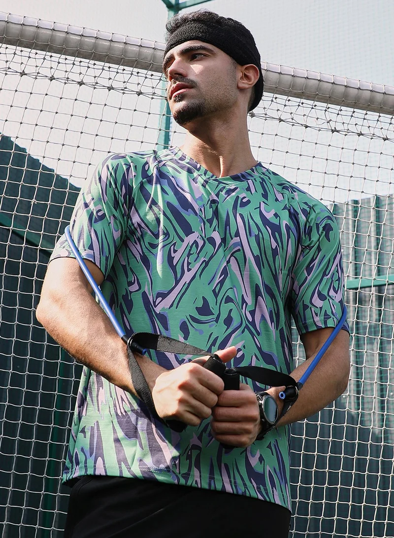 Campus Sutra Campus Sutra Men's Mint Green & Navy Blue Abstract-Overlap Activewear T-Shirt For Casual Wear | V-Neck | Short Sleeves | Jersey T-Shirt Crafted With Comfort Fit For Everyday Wear