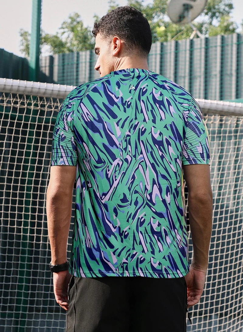 Campus Sutra Campus Sutra Men's Mint Green & Navy Blue Abstract-Overlap Activewear T-Shirt For Casual Wear | V-Neck | Short Sleeves | Jersey T-Shirt Crafted With Comfort Fit For Everyday Wear