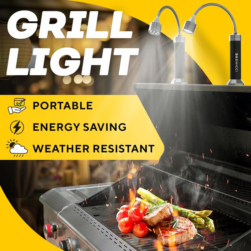 بينيكسي مجموعة من 2 مصباح شواء BBQ LED مرن - إكسسوارات الشواء المثالية مع قاعدة مغناطيسية 360 درجة وعنق إوزة - مصباح خارجي محمول 100% مقاوم للطقس مع 6 بطاريات مشمولة - Image 2