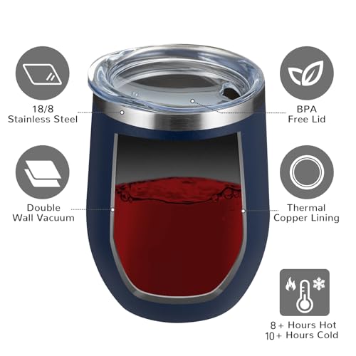 MEWAY Stemless 12oz Wine Tumbler Glasses with Lid -Insulated Double Wall Vacuum Stainless Steel Travel Tumbler with Straw,for Woman Under 10 dollars (Navy,1) - Image 3