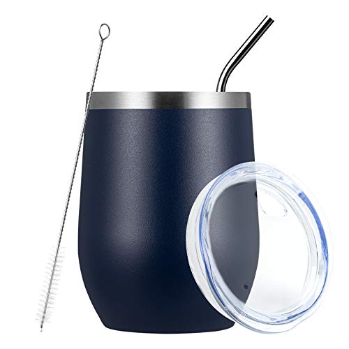 MEWAY Stemless 12oz Wine Tumbler Glasses with Lid -Insulated Double Wall Vacuum Stainless Steel Travel Tumbler with Straw,for Woman Under 10 dollars (Navy,1) - Image 1