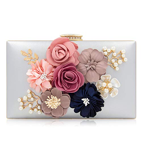 Milisente Evening Bag for Women, Flower Wedding Evening Clutch Purse Bride Floral Clutch Bag(Silver) - Image 1