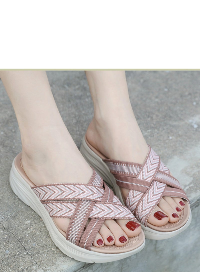 Loquat Womens Printed Wedge Sandals Slippers Casual Slip On Summer Shoes  Greyish Pink  - Image 1