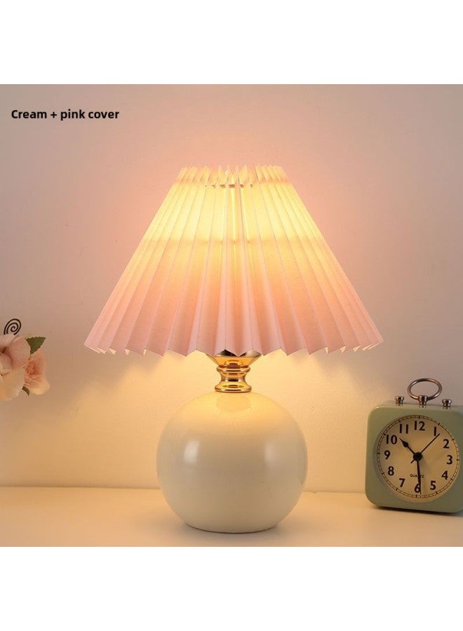 Generic Nordic Ins Style Bedroom Bedside Lamp Net Red Light Girl Warm Nightlight High-end Ceramic Pleated Table Lamp-Color:Cream Ceramic Pink Cover-Tri-Color Dimming 7 Watt - Image 1