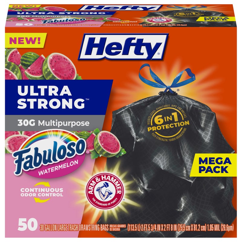 Hefty Ultra Strong 30 Gallon Trash Bags, Large Trash Bags, Multipurpose, Break Resistant Drawstring Closure, Resists Leaks, Punctures, and Tears, Black, Fabuloso Watermelon Scent, 50 Bags - Image 1