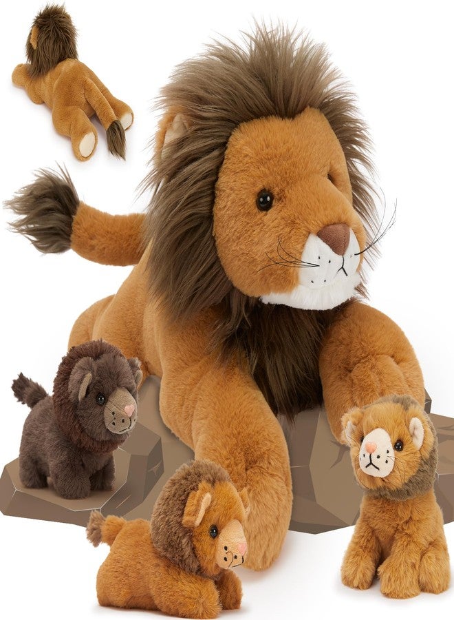 MaoGoLan 4 Pcs Lion Stuffed Animal Set - 19.6'' Lion Plush Toy with 3 Babies in Hers Zippered Back, Charming Gifts for Kids, Suitable for Birthday Christmas Festive Decorn - Image 1