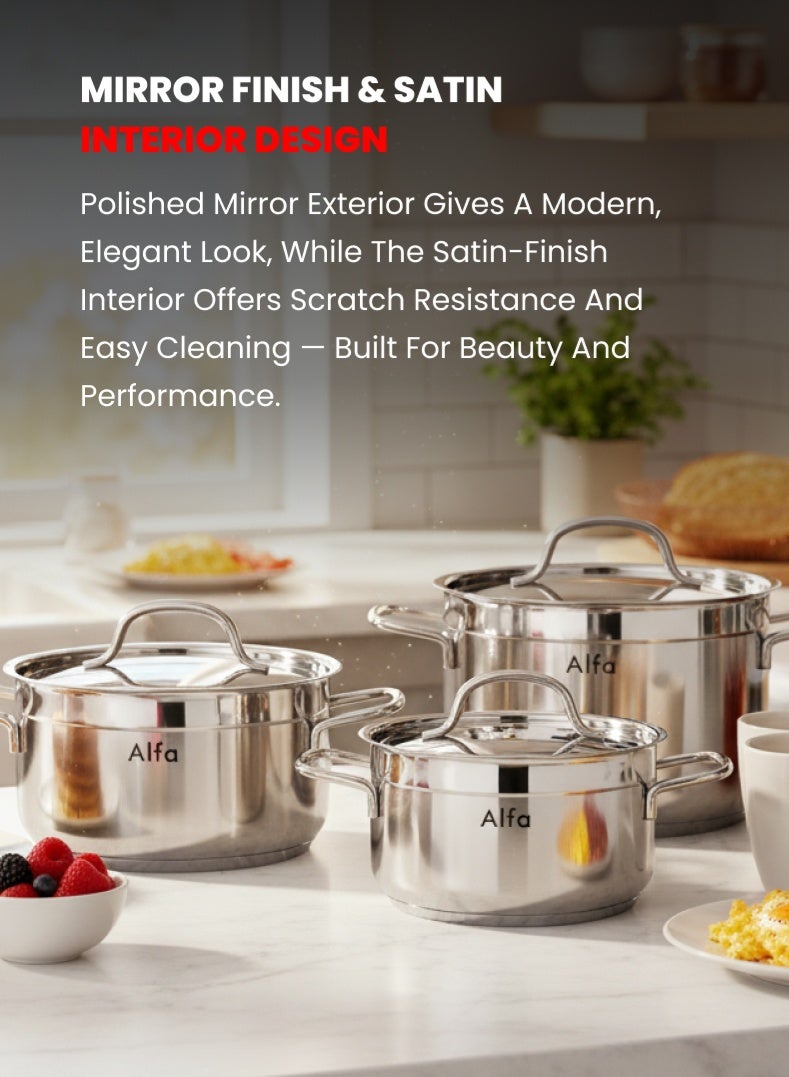 ALFA 6‑Piece Premium Cookware Set | 18/10 Cr‑Ni Stainless Steel | 3 Casseroles with Lids | Induction, Gas & Electric Compatible | Dishwasher Safe - Image 4