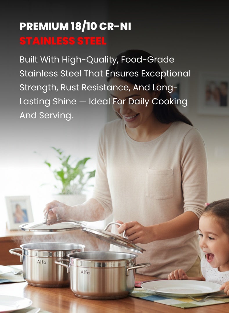 ALFA 6‑Piece Premium Cookware Set | 18/10 Cr‑Ni Stainless Steel | 3 Casseroles with Lids | Induction, Gas & Electric Compatible | Dishwasher Safe - Image 2