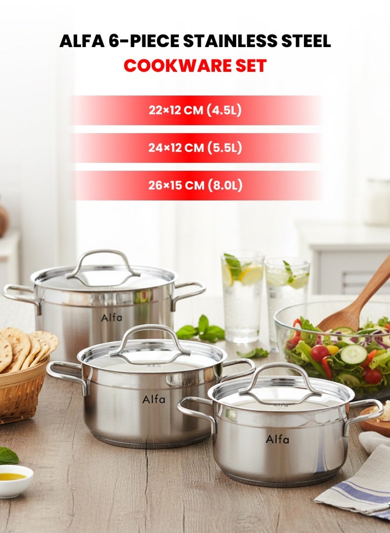ALFA 6‑Piece Premium Cookware Set | 18/10 Cr‑Ni Stainless Steel | 3 Casseroles with Lids | Induction, Gas & Electric Compatible | Dishwasher Safe - Image 1