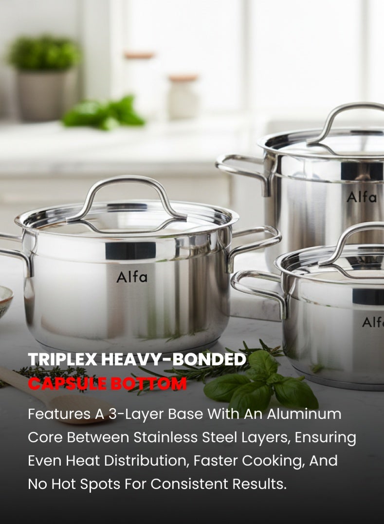 ALFA 6‑Piece Premium Cookware Set | 18/10 Cr‑Ni Stainless Steel | 3 Casseroles with Lids | Induction, Gas & Electric Compatible | Dishwasher Safe - Image 3