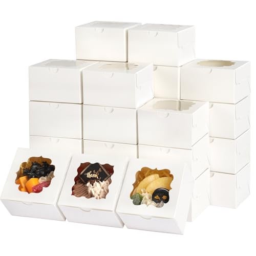 TOMNK 150pcs White Cookie Boxes with Window,4x4x2.5 Inch Small Bakery Boxes, 3 Style, for Dessert, Chocolate Strawberries Donuts and Party Favor - Image 1