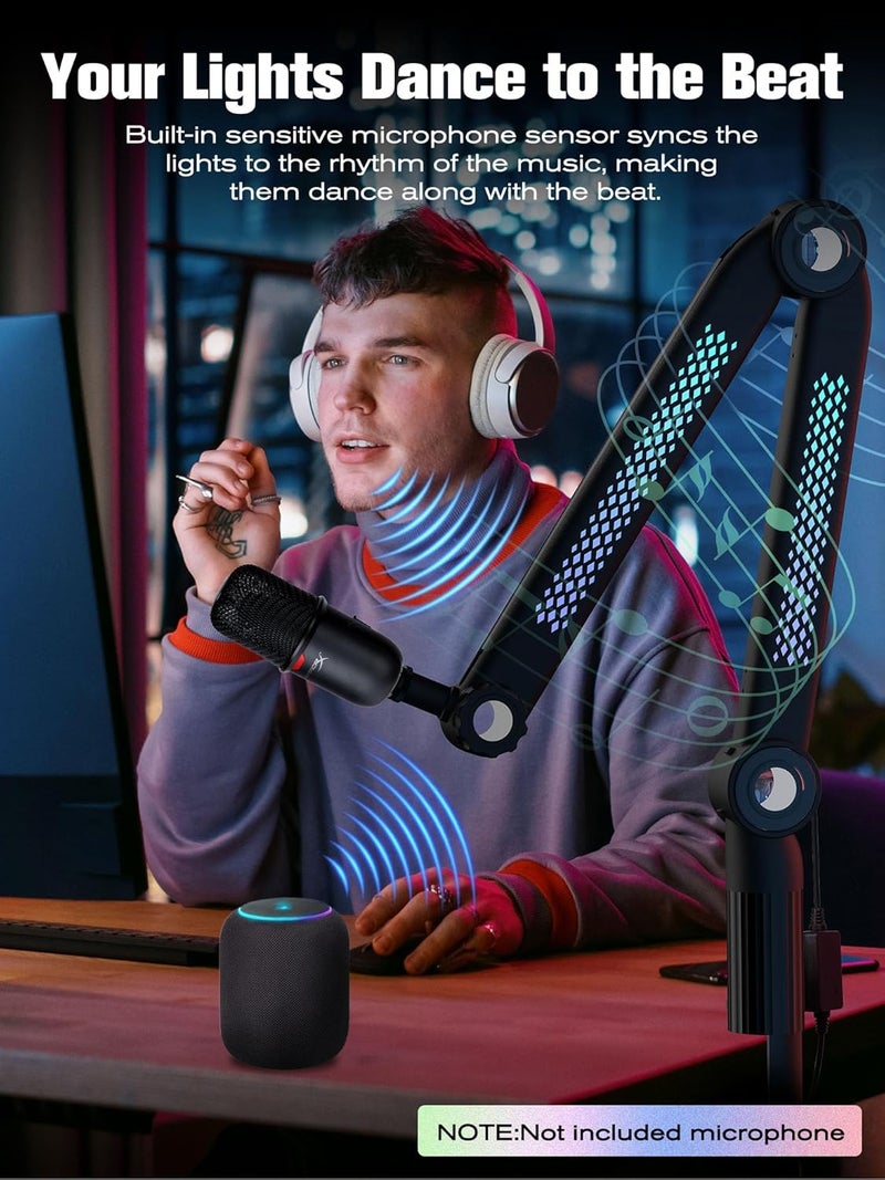 SUNMON RGB Mic Arm – Adjustable Boom Arm with Rhythm RGB Lighting for Blue Yeti, HyperX QuadCast, Rode, Fifine AM8, and More – Perfect for Podcasting, Streaming, and Gaming - Image 2