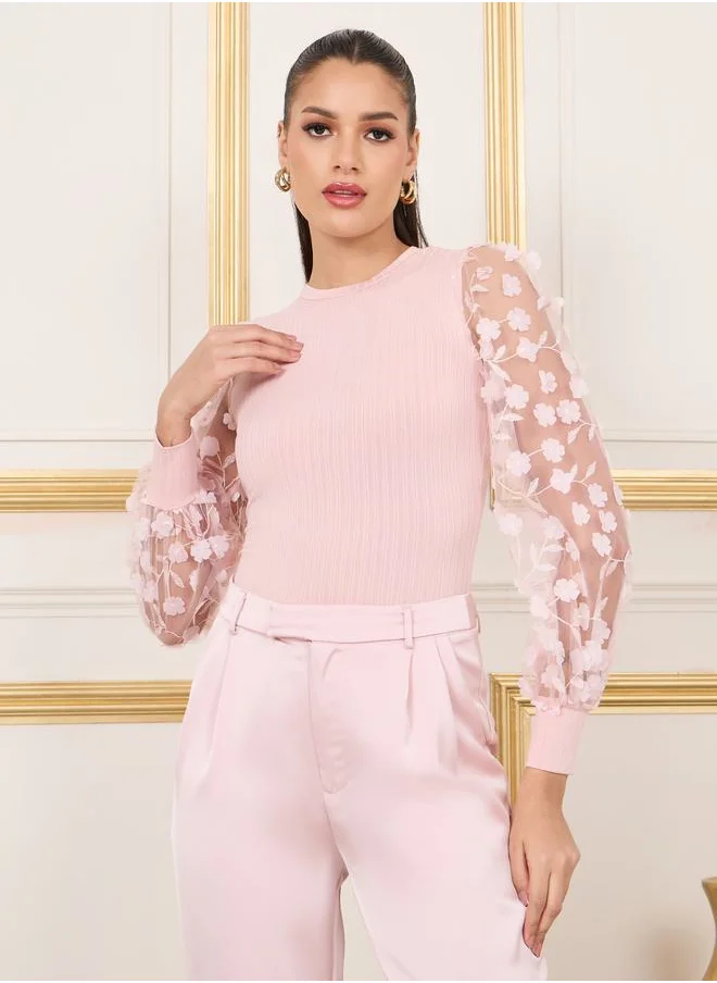 Styli Floral Applique Sheer Sleeves Ribbed Knit Top