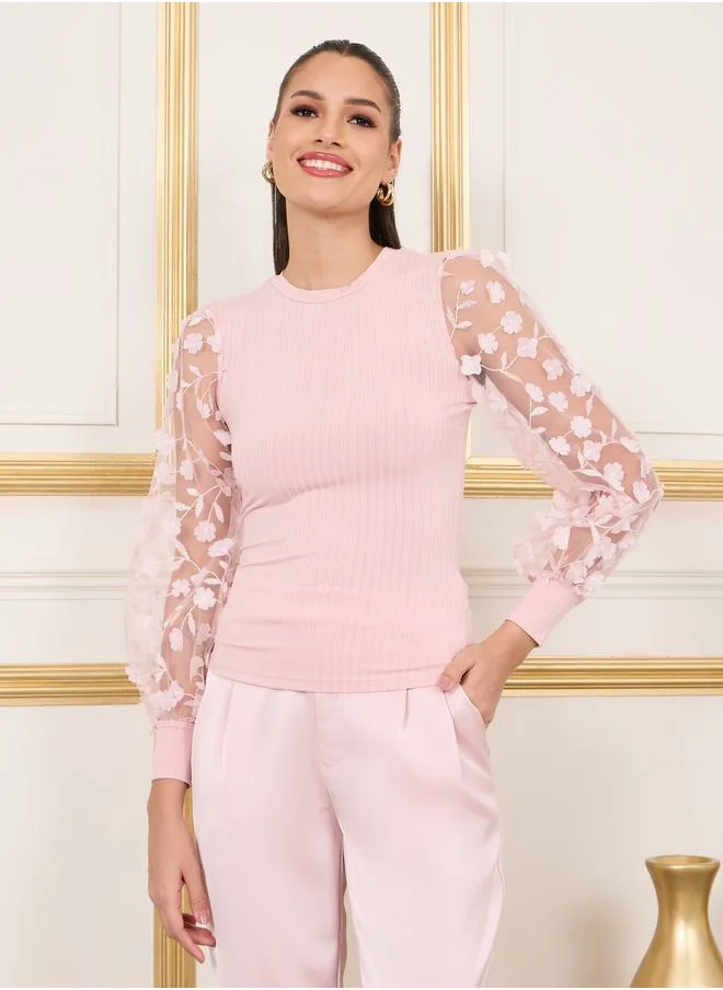 Styli Floral Applique Sheer Sleeves Ribbed Knit Top
