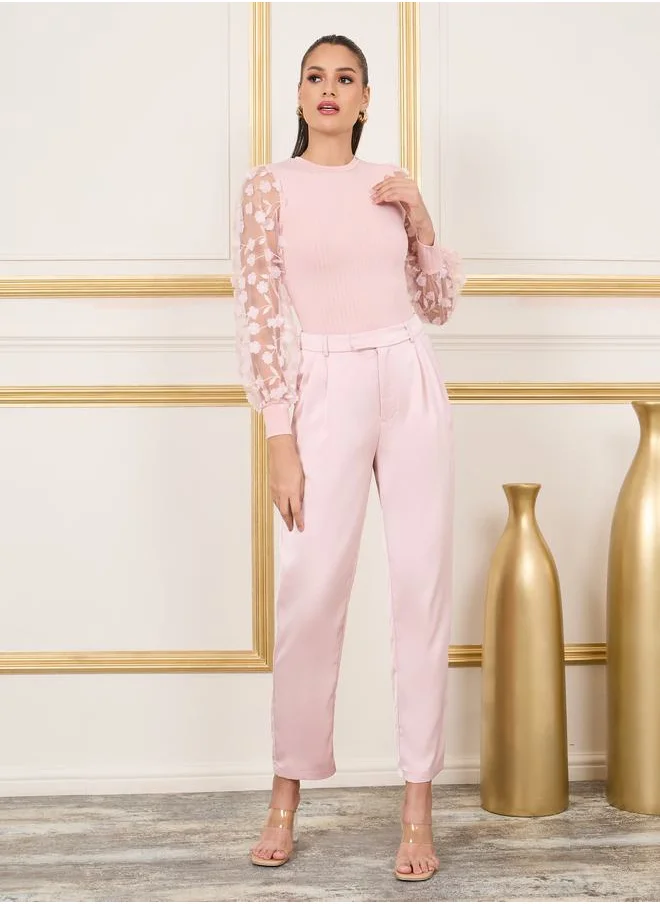 Styli Floral Applique Sheer Sleeves Ribbed Knit Top