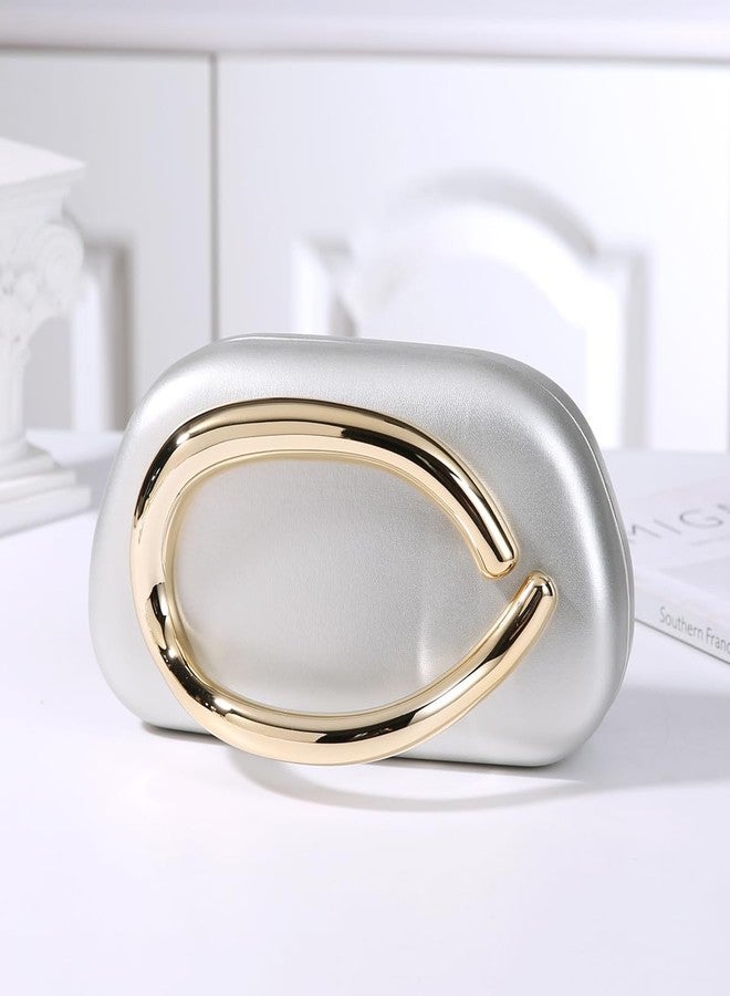 Dreubea Minimalist Gold-Tone Art Deco Clutch Bag - Elegant Metallic Accent Evening Handbag Purse for Women Silver - Image 2