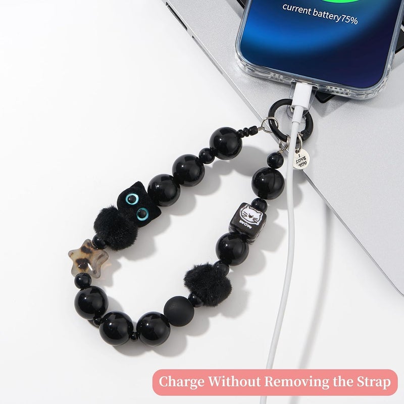 KASTWAVE Cute Phone Charm for Women, Universal Anti-Theft Phone Wrist Strap, Hands-Free, Beaded Wrist Strap Lanyard with Tether Tab, Detachable Phone Chain Wristlet (Black) - Image 3