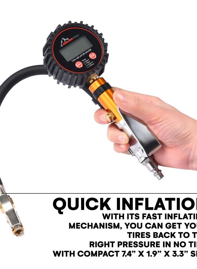 Boulder Tools Tire Pressure Gauge With Inflator (0-250 PSI) | LED Digital Tire Inflator Gauge with Air Chuck Locking, Bleed Valve | Heavy Duty Air Compressor Accessories For Car, Cycle, and Motorcycle - Image 4