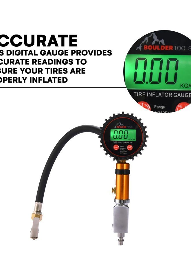 Boulder Tools Tire Pressure Gauge With Inflator (0-250 PSI) | LED Digital Tire Inflator Gauge with Air Chuck Locking, Bleed Valve | Heavy Duty Air Compressor Accessories For Car, Cycle, and Motorcycle - Image 3