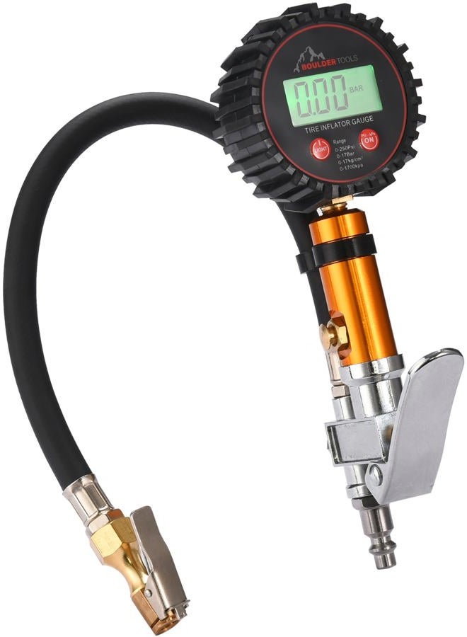 Boulder Tools Tire Pressure Gauge With Inflator (0-250 PSI) | LED Digital Tire Inflator Gauge with Air Chuck Locking, Bleed Valve | Heavy Duty Air Compressor Accessories For Car, Cycle, and Motorcycle - Image 1