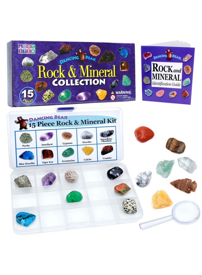 Dancing Bear 15 Pc Rock & Mineral Collection with Collector Box/Display Case, ID Sheet, Rock Book, Magnifying Glass, Beginner Starter Set, Kids' Gemstone Crystal Kit, STEM Geology Science Education - Image 1