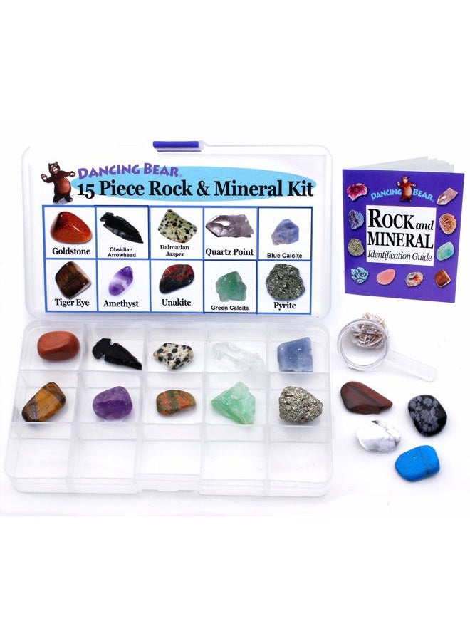 Dancing Bear 15 Pc Rock & Mineral Collection with Collector Box/Display Case, ID Sheet, Rock Book, Magnifying Glass, Beginner Starter Set, Kids' Gemstone Crystal Kit, STEM Geology Science Education - Image 4