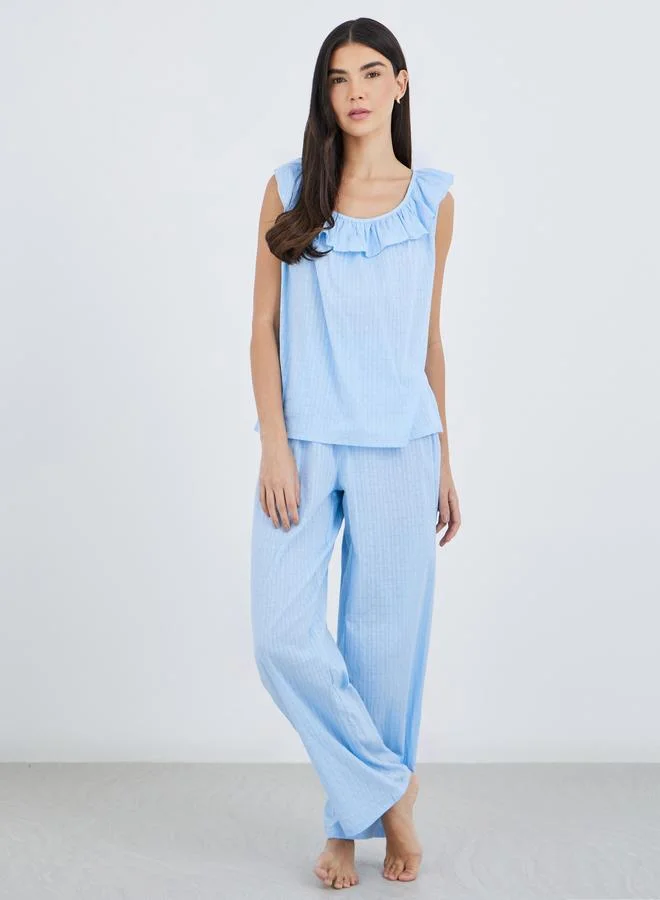 ستايلي Styli Textured Cotton Ruffle Neck Top and Pyjama Set
