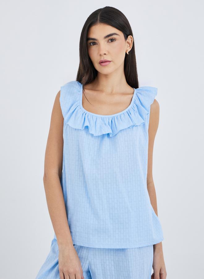 Styli Textured Cotton Ruffle Neck Top and Pyjama Set - Image 3