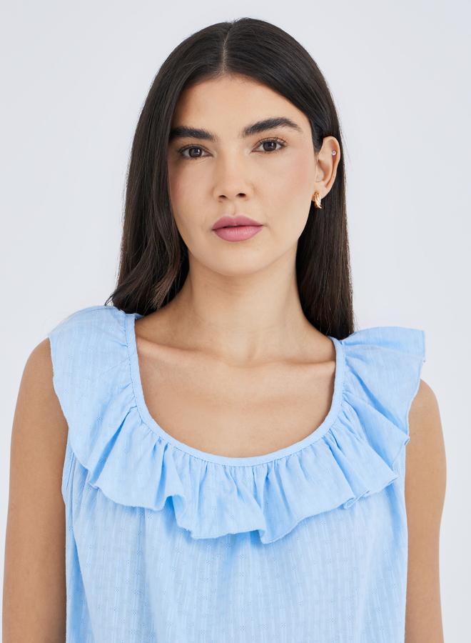 Styli Textured Cotton Ruffle Neck Top and Pyjama Set - Image 4