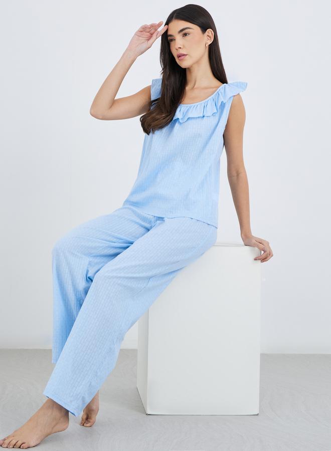 Styli Textured Cotton Ruffle Neck Top and Pyjama Set - Image 1