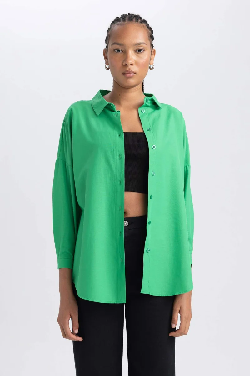 ديفاكتو Oversize Fit Poplin Shirt Collar Long Sleeve Tunic