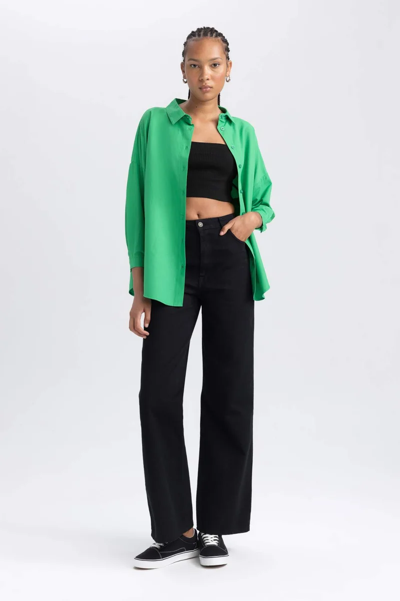 ديفاكتو Oversize Fit Poplin Shirt Collar Long Sleeve Tunic