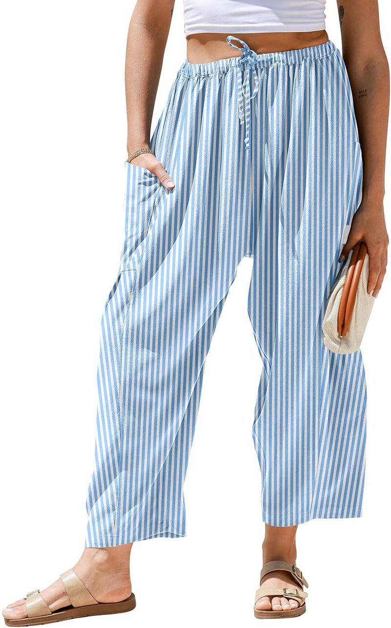 TARSE Womens Linen Wide Leg Striped Pants Casual Barrel Loose Drawstring Low Waist Palazzo Harem Pants with Pockets(BlueWhite,S) - Image 1