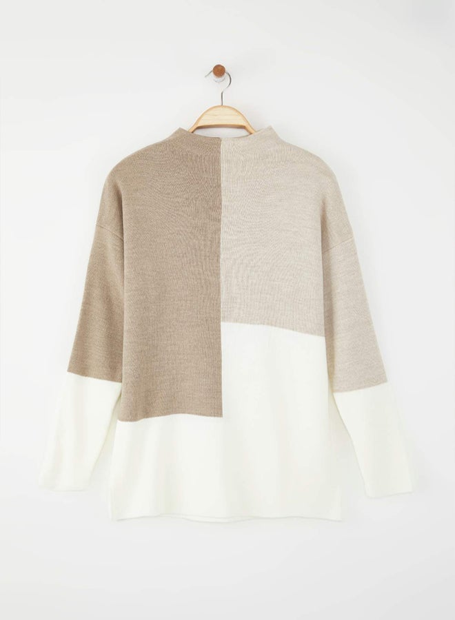 trendyol Mink Color Block Stand Collar Sweater Sweater - Image 3