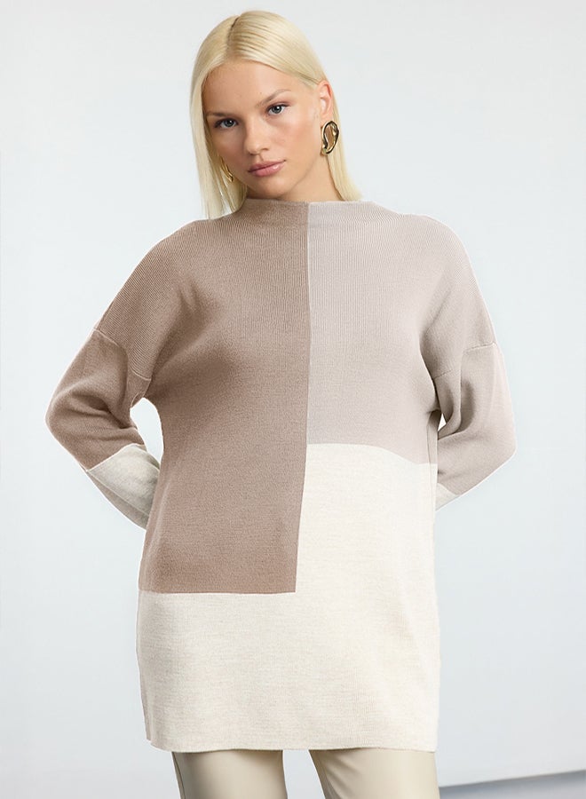 trendyol Mink Color Block Stand Collar Sweater Sweater - Image 1