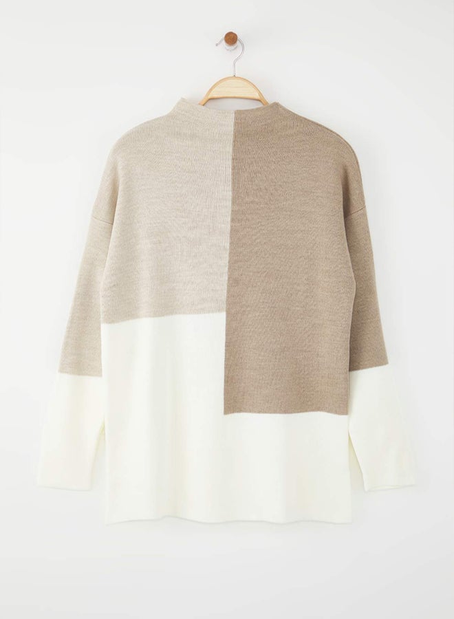 trendyol Mink Color Block Stand Collar Sweater Sweater - Image 2