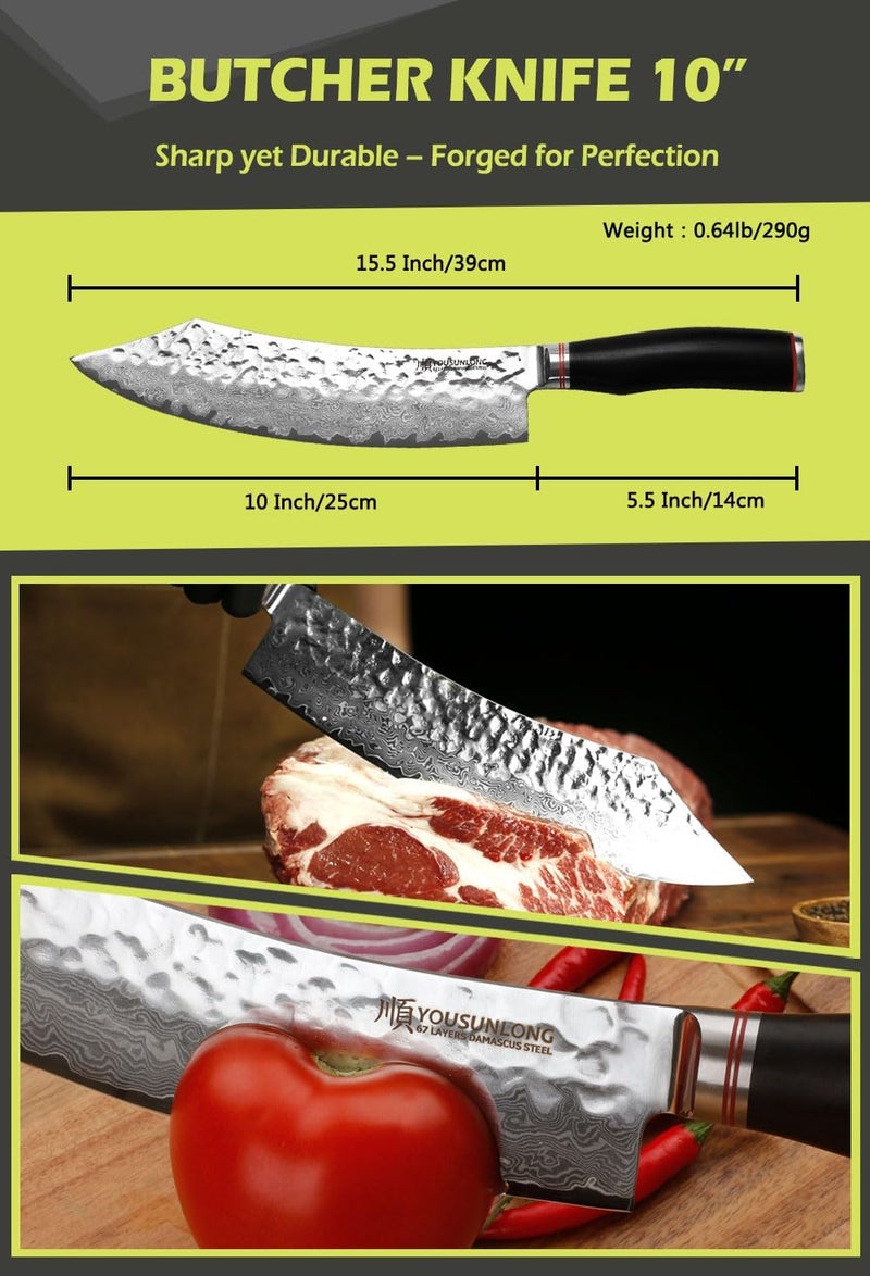 YOUSUNLONG Damascus Professional Kitchen 10 Inch Bent Cutter Chef's Knife - Japanese VG10 - Ebony Handle - Image 3