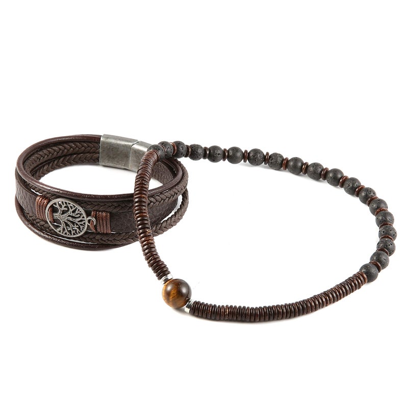 HZMAN Genuine Leather Tree of life Bracelets Men Women, Tiger Eye Natural Stone Lava Rock Beads Ethnic Tribal Elastic Bracelets Wristbands (Brown) - Image 4