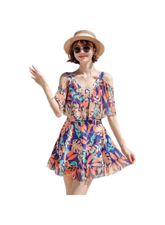 Skin-friendly Conservative Plus Size Swimsuit For Women, Slimming One-Piece Dress Style Swimwear For Beach Vacation And Hot Springs, Orange Xl - Image 1