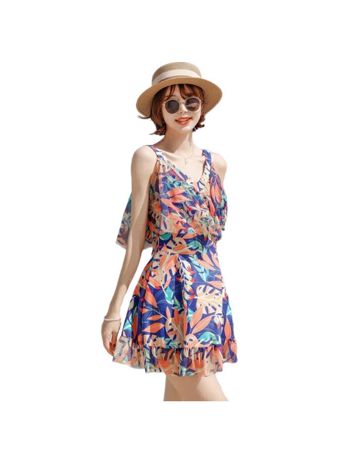 Skin-friendly Conservative Plus Size Swimsuit For Women, Slimming One-Piece Dress Style Swimwear For Beach Vacation And Hot Springs, Orange Xl - Image 2
