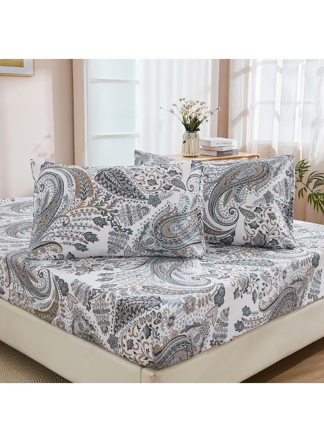 Cozaline 100% Cotton Fitted Sheet Full Floral Deep Pocket Breathable Cooling Sheets Durable Wrinkle Free All Season Bedding No Flat Sheet (Paisley, Full) - Image 1