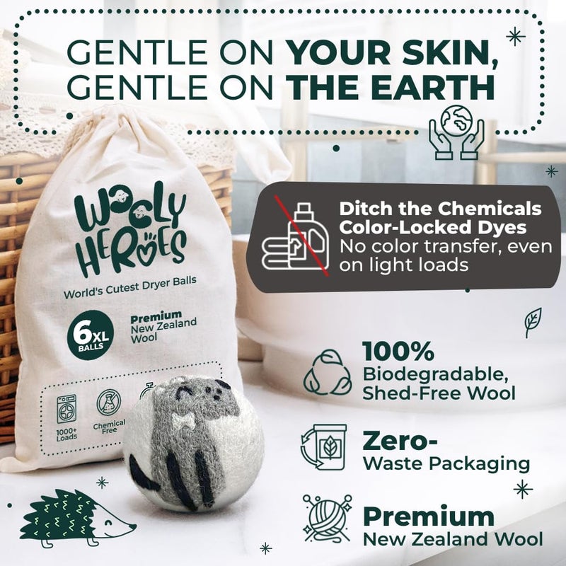 WOOLY HEROES No More Dryer Sheets! XL Wool Dryer Balls 6-Pack, Reusable Laundry Softener & Static Reducer, Eco-Friendly, Long-Lasting, Safe for Sensitive Skin - Image 3