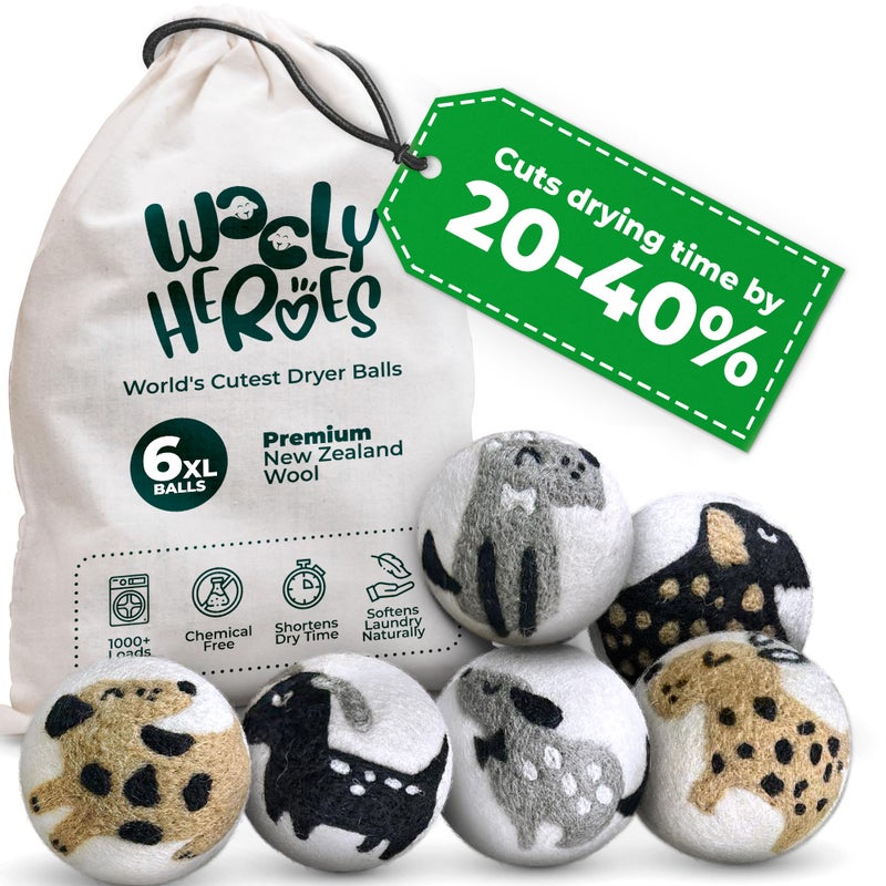 WOOLY HEROES No More Dryer Sheets! XL Wool Dryer Balls 6-Pack, Reusable Laundry Softener & Static Reducer, Eco-Friendly, Long-Lasting, Safe for Sensitive Skin - Image 1