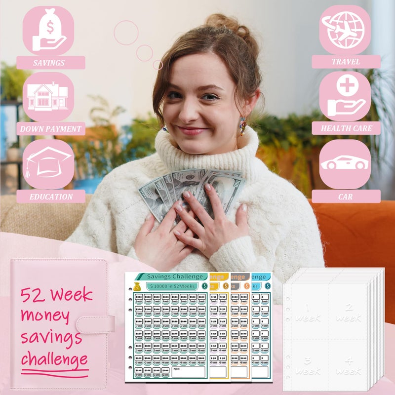 Antner 100 Envelopes Money Saving Binder & 52 Week Savings Challenge Book, 2 Sets A5 Budget Money Saving Binder with Pre-Printed Cash Envelopes and Challenge Trackers for Budgeting, Pink & Black - Image 4